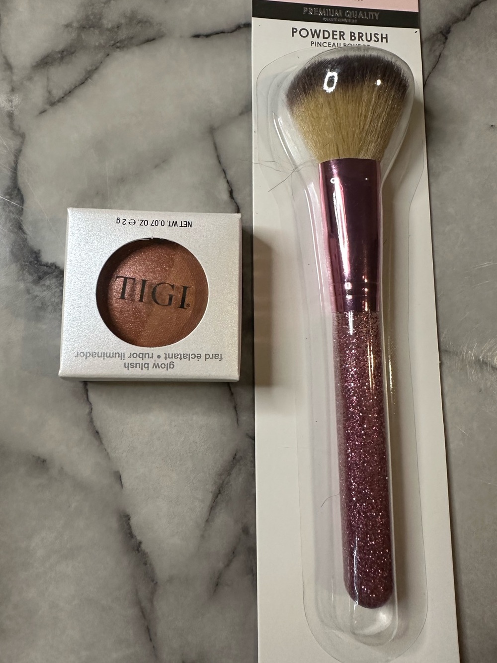 TIGI Rose Pink Glitter Powder Brush with Copper Shimmer Glow Blush